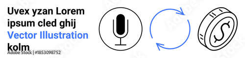 Audio exchange, sound monetization, media services, financial transactions, content creation, digital economy. Microphone, circular arrows coin with dollar sign. Audio exchange and sound