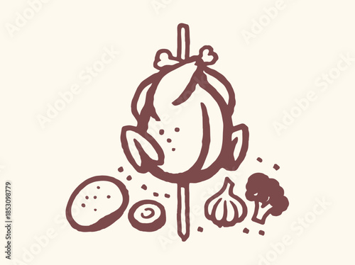 Rotisserie Chicken Doodle Outline Vector Illustration