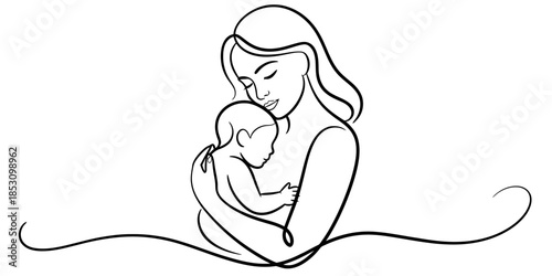 A beautiful and simple line art illustration depicting a mother tenderly embracing her newborn baby Vector, illustration