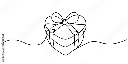 Minimalist continuous line art of a heart-shaped present with a decorative bow Vector, illustration