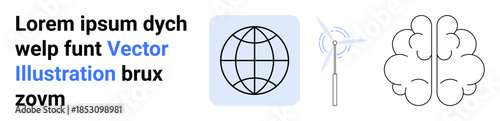 Sustainability, innovation, global communication, renewable energy, clean power, human intelligence. Thin line icons of a globe, wind turbine and brain. Renewable energy and global communication