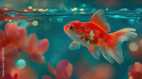 Bright orange goldfish swimming in a colorful aquatic environment.