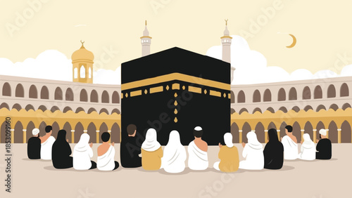 Muslim Pilgrims Performing Hajj or Umrah Ritual at Kaaba in Mecca Illustration