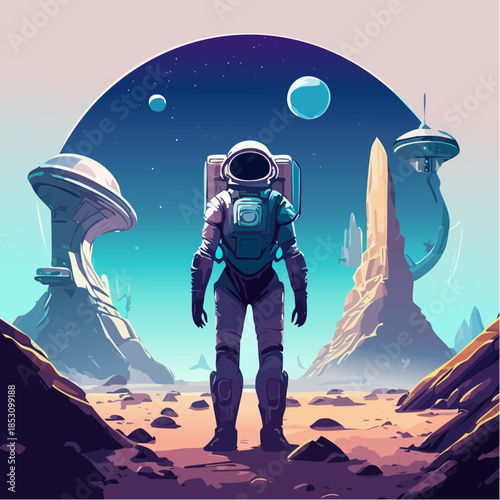 Astronaut Exploring Surreal Sci Fi World with Alien Architecture