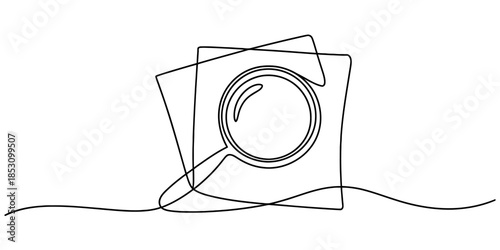 Continuous line drawing of a magnifying glass over documents, symbolizing search and analysis Vector, illustration