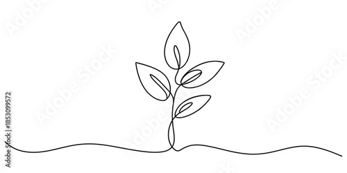 This minimalist continuous line drawing illustrates a young plant seedling emerging from the earth. The entire image, from the wavy ground line to the stem and multiple leaves, is rendered using a sin