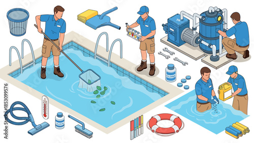 Detailed Isometric Vector Set Showcasing Professional Swimming Pool Maintenance, Cleaning, Equipment Service, and Repair Activities