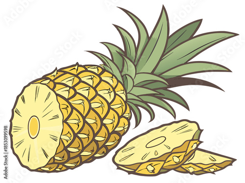 Vibrant cartoon pineapple with lush green leaves and juicy slices