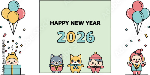 Cute cartoon characters celebrating new year 2026 with colorful balloons and confetti