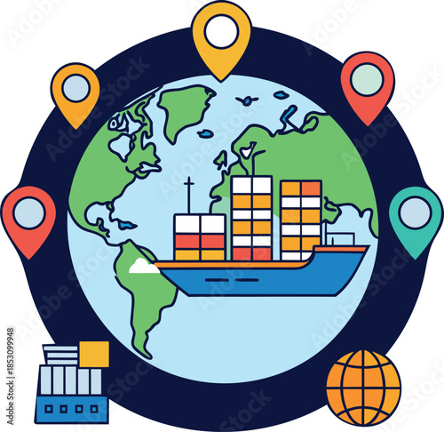 World map with cargo ships representing global sea trade.