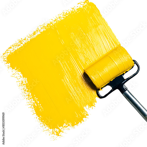Yellow Paint Roller Applying Fresh Coat isolated on transparent background 