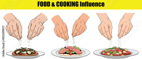 Hands seasoning food dishes with spices and herbs Keywords: cooking, seasoning, spices, herbs