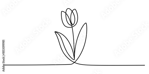 Continuous line art drawing of a small plant seedling growing from the ground, symbolizing nature and new beginnings. Vector, illustration