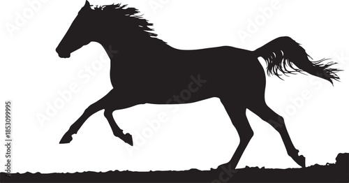 Running Horse Silhouette Illustration – Powerful Wild Stallion Black Vector, Equestrian Animal Logo, Racing Horse Clipart.