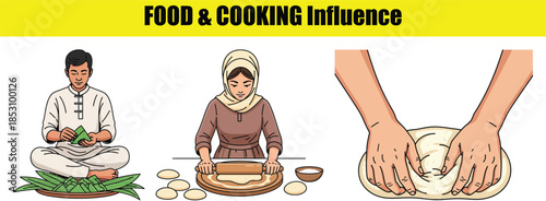 People making food wrapping dumplings rolling dough and kneading Keywords: cooking, food