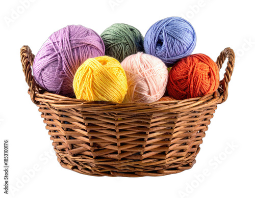 Colorful yarn balls of various hues nestled in a woven basket against a stark background