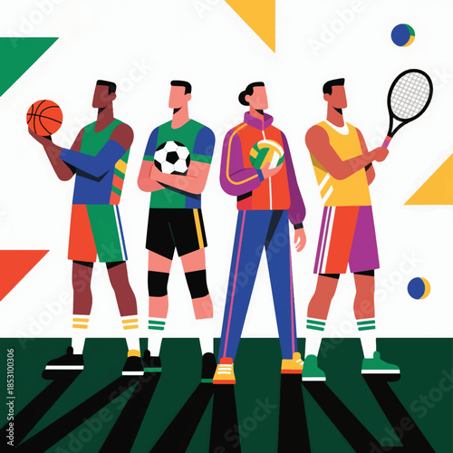 Illustration Of Four Sports Players Standing In A Row Posing, Each Player Wearing The Sportswear They Are Playing, Basketball, Soccer, Volleyball, Tennis Players Vector Design Template