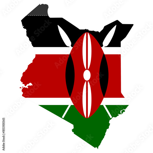 Kenya map silhouette with national flag colors and Maasai shield graphic