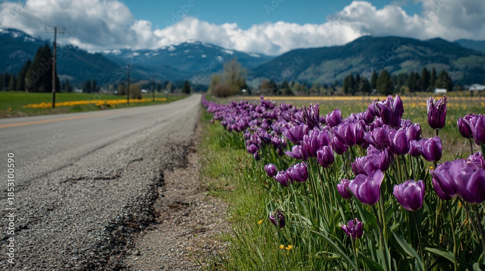 Obraz premium Road lined with purple tulips, field, mountains and puffy clouds in a vibrant spring scene