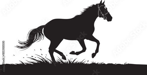 Black Horse Silhouette Vector Illustration – Running Stallion Animal Logo, Elegant Wild Horse Icon on White Background.