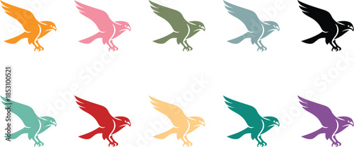 Bird of prey silhouettes in different colors, Hawk flight silhouette icons multicolor