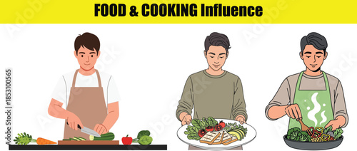 Men cooking chopping vegetables preparing salad and stir frying Keywords: cooking, food