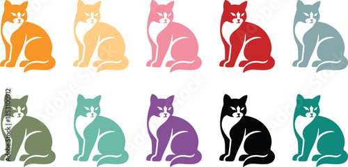 Colorful cat icons sitting pose feline symbols, Decorative cat silhouette icons in multiple colors