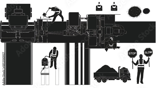 Industrial scene with workers, machinery, truck, and signage, representing manufacturing and construction