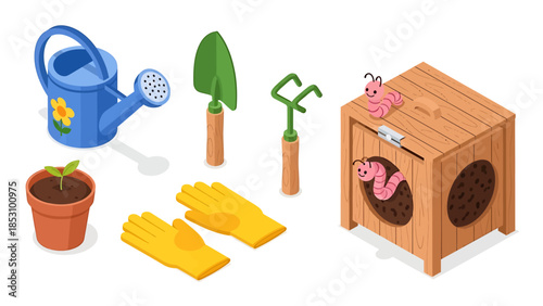 Isometric vector set of gardening tools, a potted plant, protective gloves, and a compost bin with worms for horticulture