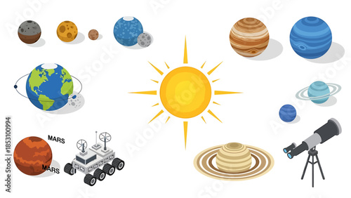 Solar System And Outer Space Exploration Elements Including Planets, Telescope, And Sun Graphic Vector Art