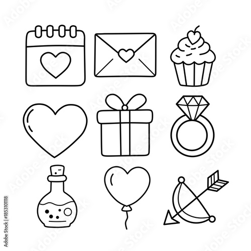 Hand Drawn Valentine Doodle Icon Set. Black and white outline vector collection of romantic symbols and love elements for coloring.