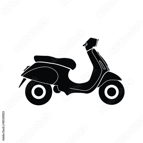 Vintage scooter vector illustration with outline and solid silhouette styles. Minimal black and white Vespa motorbike icon isolated on white for logo, branding, poster, and transport design