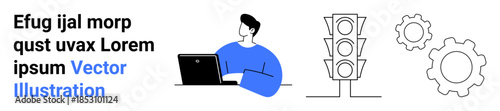 Workflow, automation, productivity, decision-making, technology, processes. Person typing on laptop, traffic lights and gears. Workflow and automation concepts with clear visuals