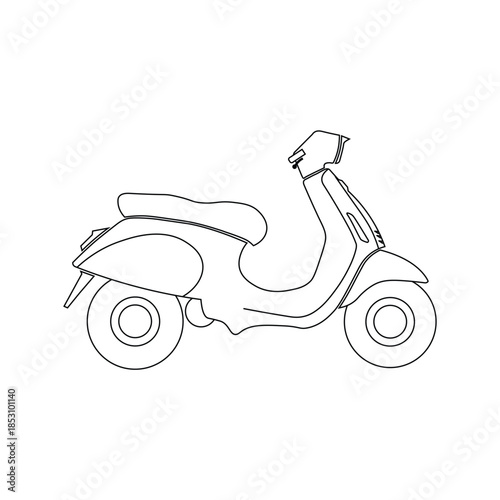 Vintage scooter vector illustration with outline and solid silhouette styles. Minimal black and white Vespa motorbike icon isolated on white for logo, branding, poster, and transport design