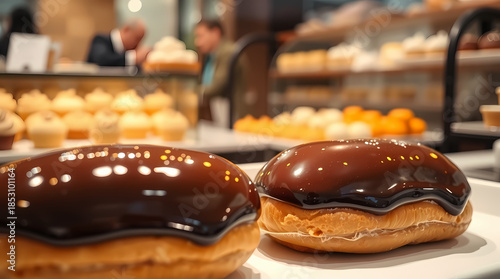 Close Up Of Two Cream Filled Profiteroles On A Display Rack Inside A Sweet Shop Window