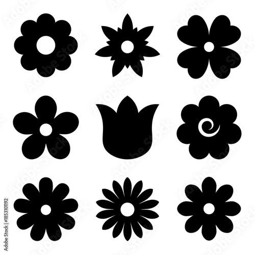 Black vector flower silhouette set with a circular center and petal outline. Great for minimal design elements, clipart, logos, and nature-inspired compositions.