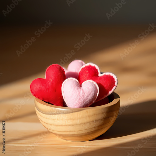 Close Up Of Decorative DIY Felt Hearts In A White Bowl On A Textured Wood Background