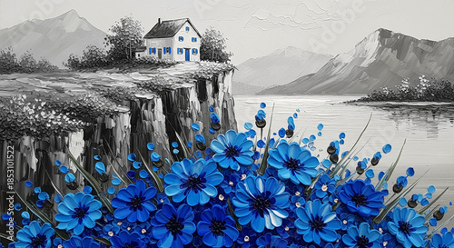 3D Blue Flowers Below Cliffside Cottage, Relief Wallpaper, Mural Wallpaper, Wall Decor