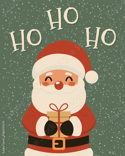 Cute Santa Claus holding gift box with Ho Ho Ho typography on snowy green background.