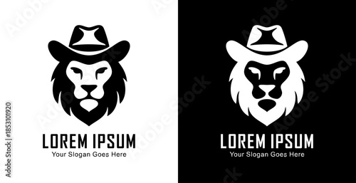 Logo design in the form of a lion's head wearing a cowboy hat with a front view