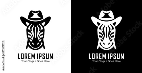 Logo design in the form of a zebra head wearing a cowboy hat with a front view