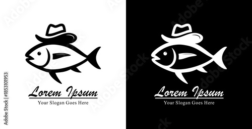 Logo design in the form of a tuna fish wearing a cowboy hat with a side view