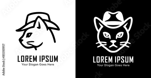Logo design in the form of a cat's head wearing a cowboy hat with side and front views