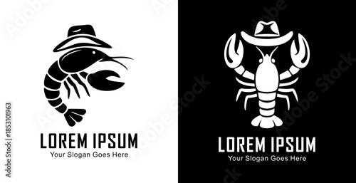 Logo design in the form of a lobster wearing a cowboy hat with side and front views