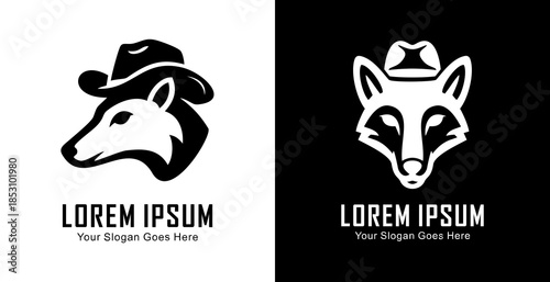 Logo design in the form of a fox head wearing a cowboy hat with side and front views