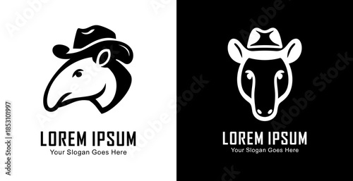 Logo design in the form of a tapir head wearing a cowboy hat with side and front views