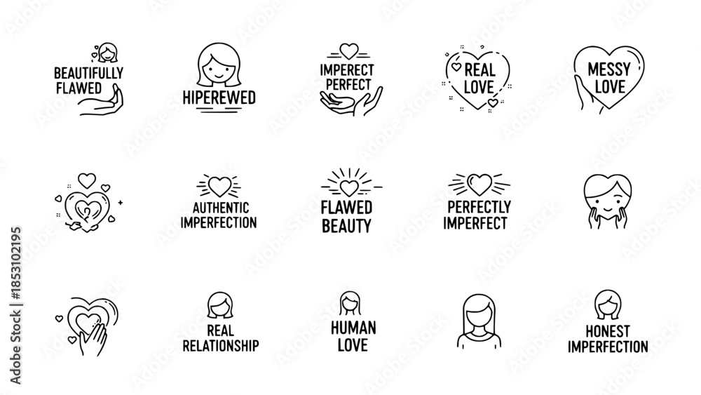 Fototapeta premium Minimalistic love icons displaying messages about self-acceptance and relationships or Outline imperfection heart icons showcasing inspirational quotes about honest love and flaws