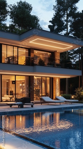 Wallpaper Mural A modern house with a swimming pool and lighting, surrounded by forest, creates a cosy atmosphere — an excellent backdrop for presentations of luxury real estate and design ideas. Torontodigital.ca
