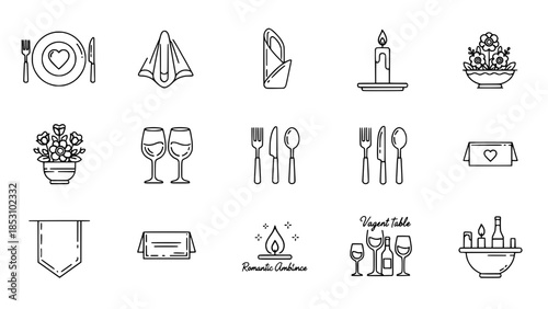 Romantic table setting shows dining elements in flat design or Elegant meal arrangement represents romantic dinner service icons
