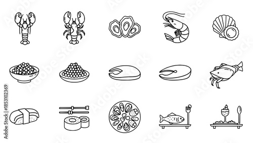 Seafood icons presenting variety display assortment on white background depicting cuisine or seafood items presenting restaurant selections exhibit delicacy on simple backdrop showcasing freshness